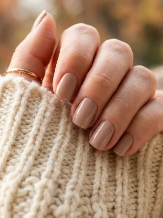 Woman's manicured hand resting on chunky cream knit sweater sleeve in warm cosy autumn light showing fall nail design