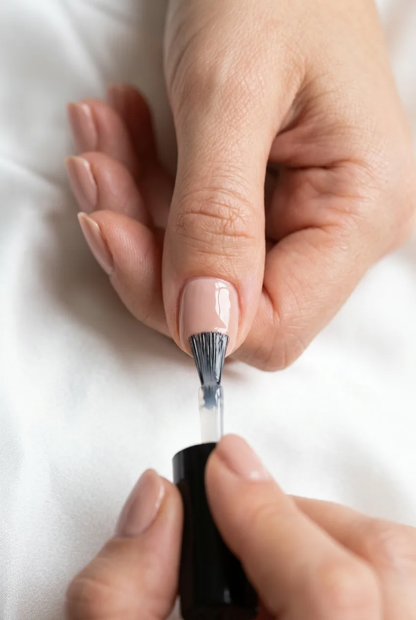 Overhead close-up of glossy top coat being fanned across a nude-painted nail catching bright reflected daylight