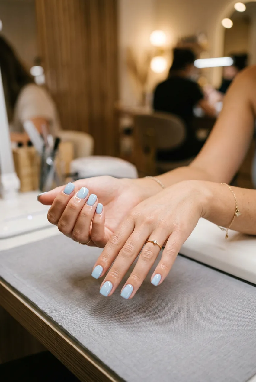 Woman's hands held elegantly on a salon table, fingers fanned to reveal ten fully dry glossy baby blue nails in warm light