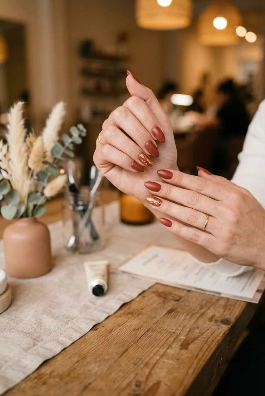 Woman's hands held out elegantly showing ten finished satin terracotta nails with a subtle gold accent nail in salon lighting