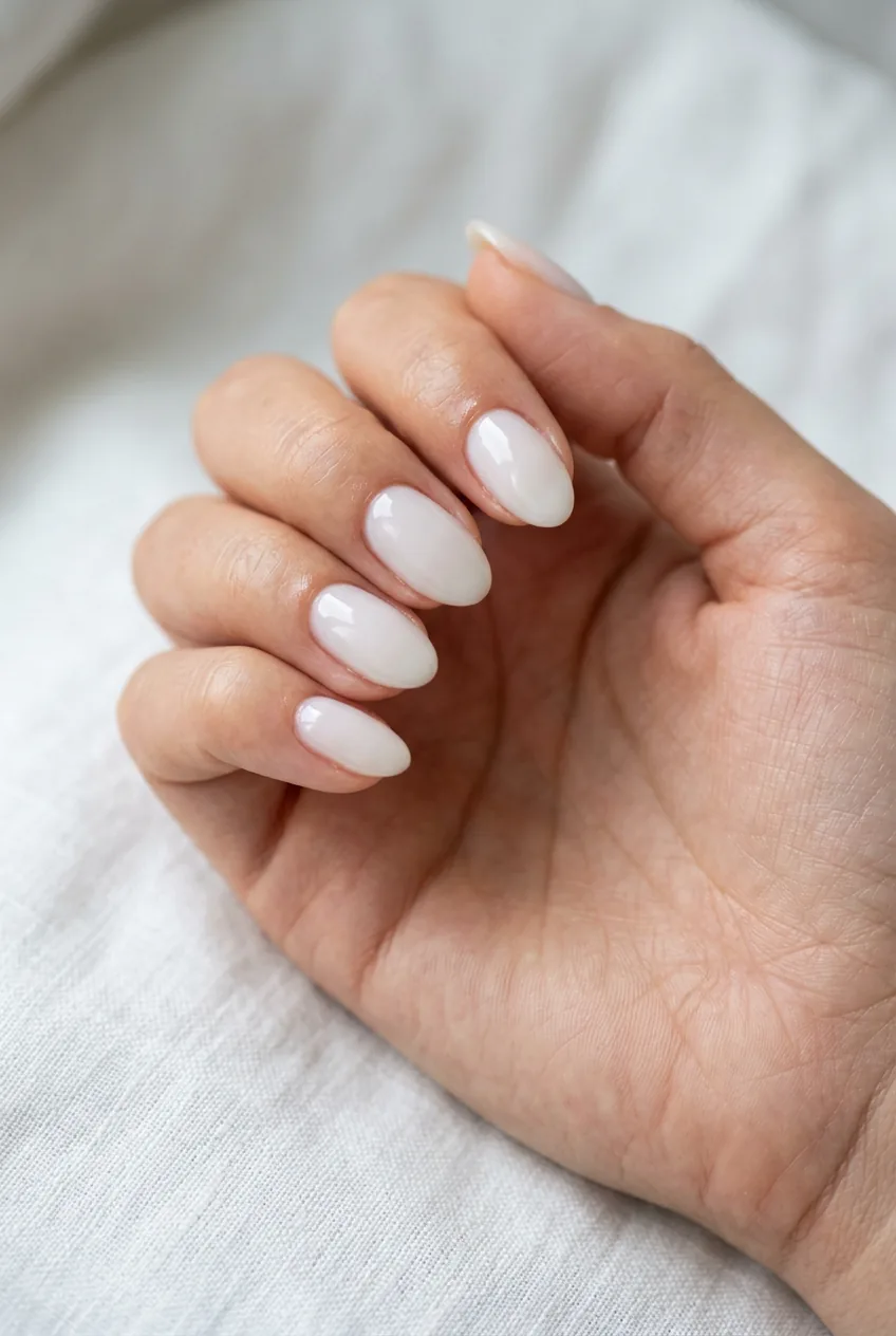 Finished set of oval milky-white nails with a glass-like glossy finish resting on a soft white linen surface