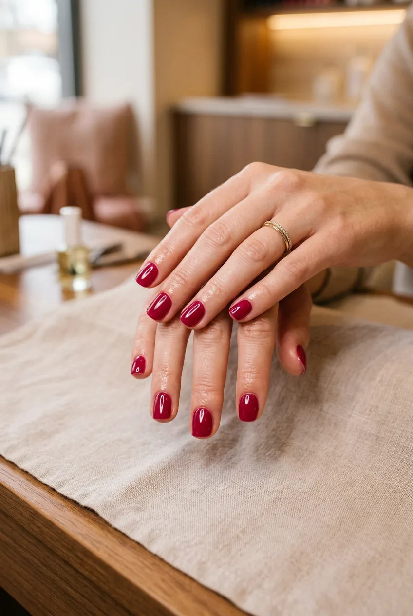 Final result showing woman's hands with perfectly dried short nails featuring flawless glossy finish