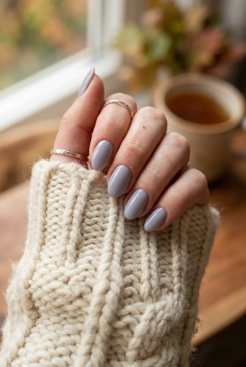 Close-up of manicured hand with foggy cool lilac gel nails against warm cream chunky knit wool sweater in morning autumn light