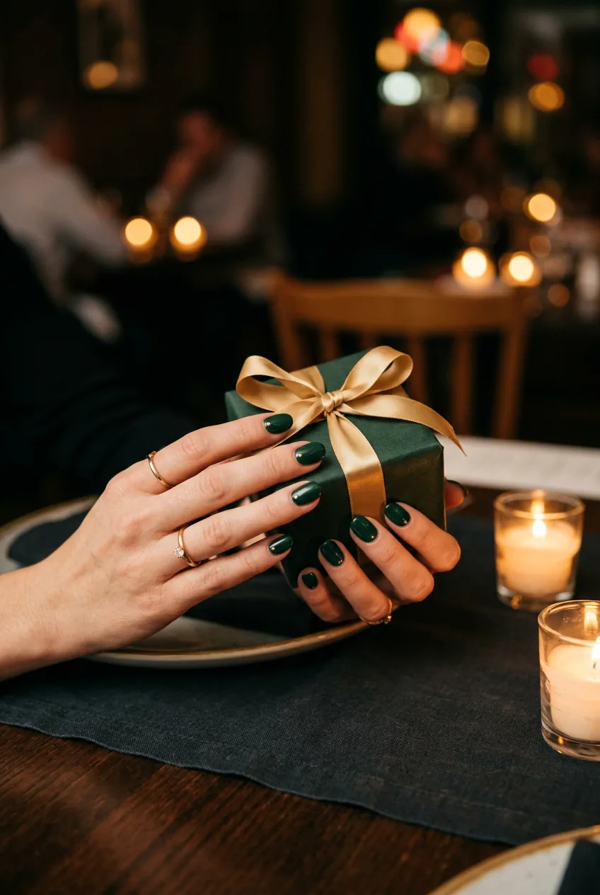 Romantic hands with forest green and gold dot nails holding anniversary gift in candlelight