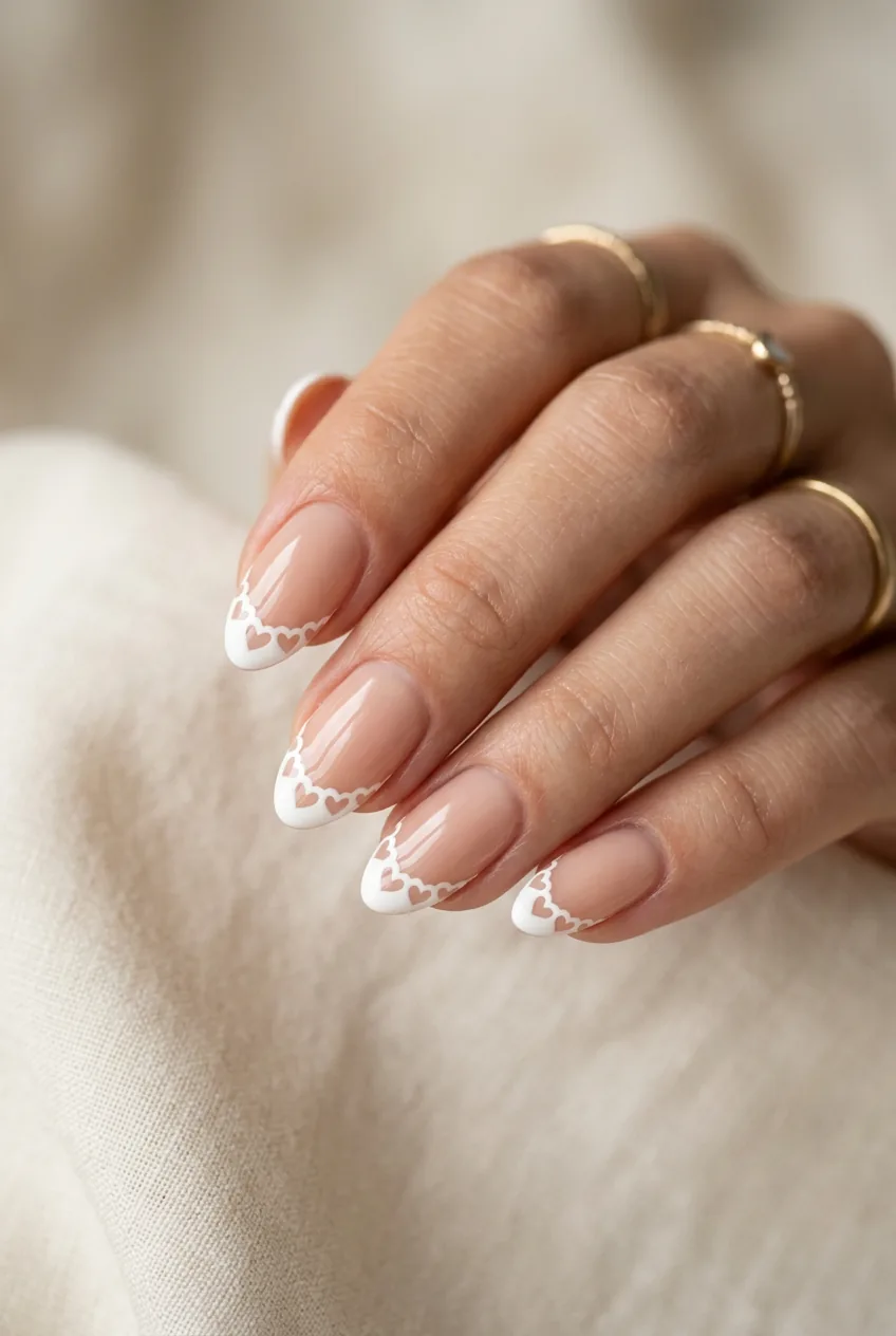 Woman's hand showing French tip heart twist with connected small hearts replacing traditional curved line