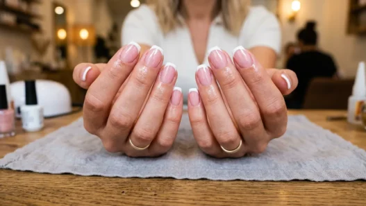 Woman's hands fanned elegantly on salon table showing ten completed french tip nails with glossy white tips