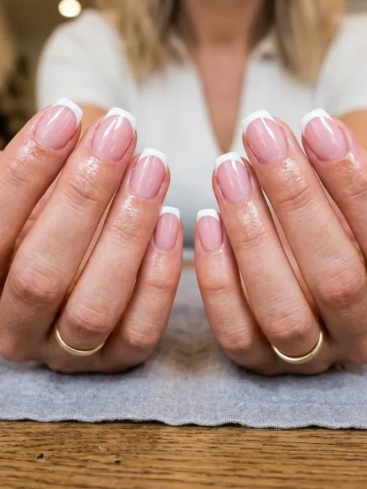 Woman's hands fanned elegantly on salon table showing ten completed french tip nails with glossy white tips