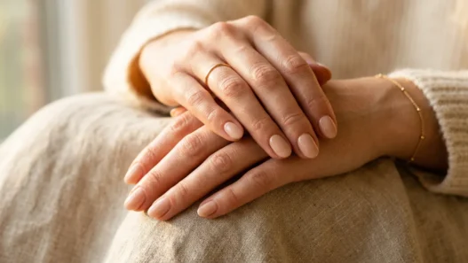 Woman's hands showing fresh natural manicure in soft nude polish against neutral background