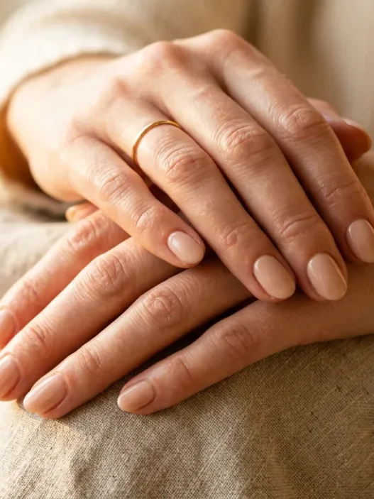 Woman's hands showing fresh natural manicure in soft nude polish against neutral background