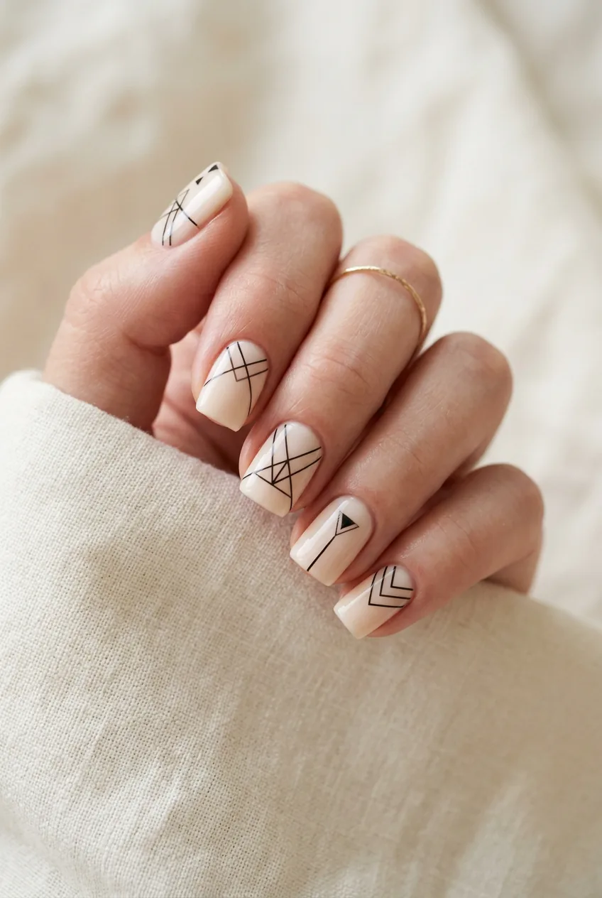 Woman's hand with square nails showing geometric minimalist design with thin black lines on nude base
