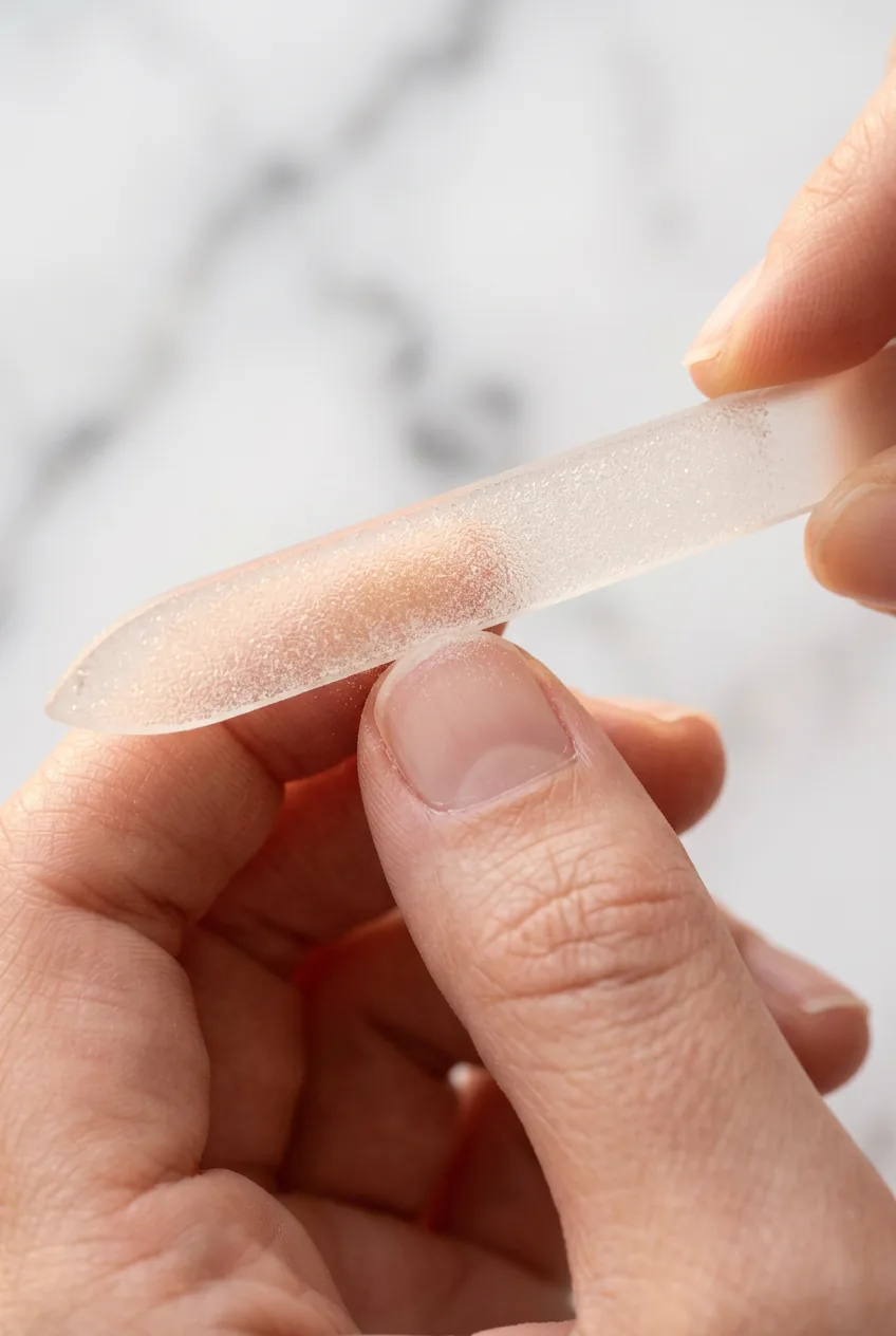Glass nail file smoothing the edge of a short natural nail held against a white marble background in warm light