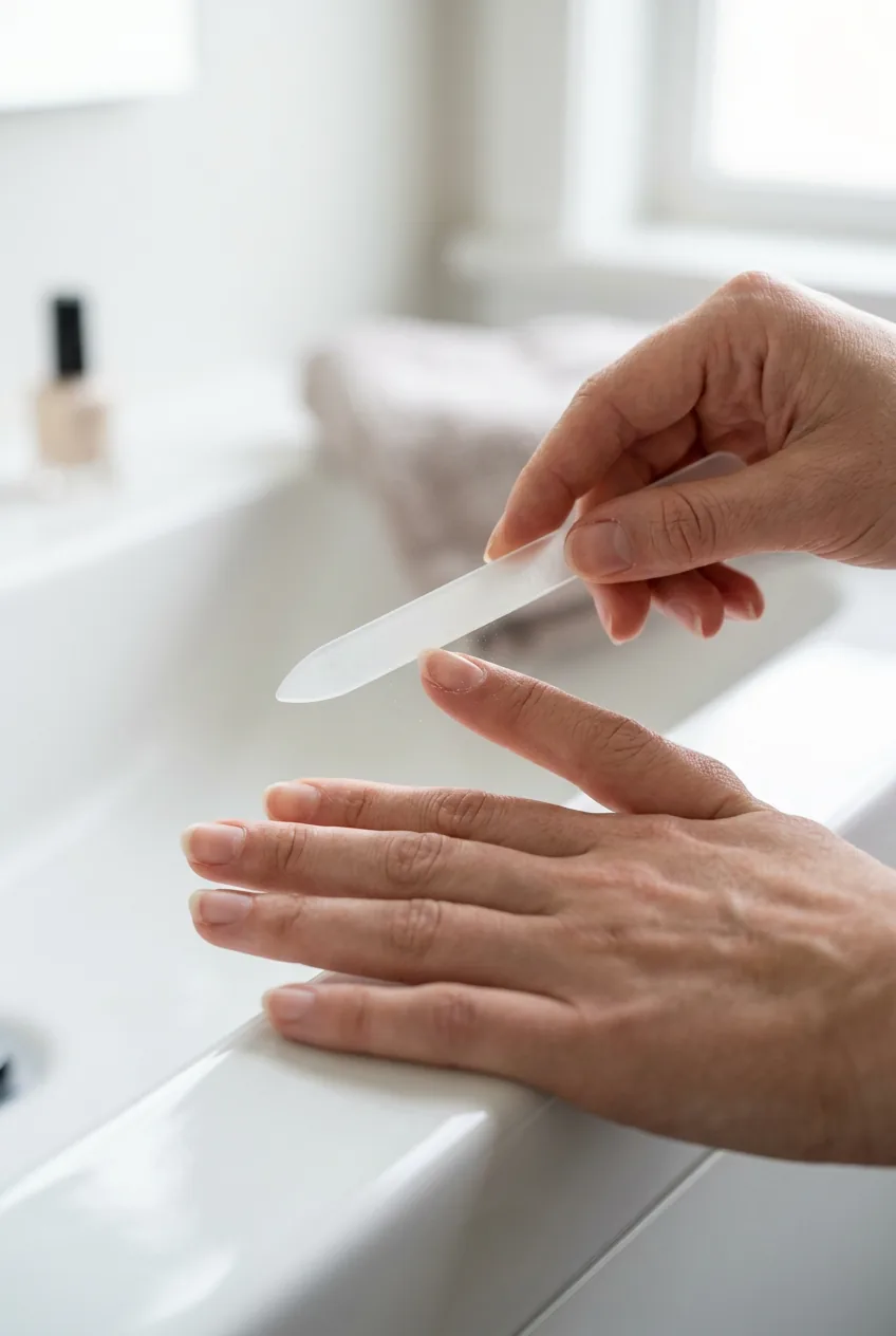 Close-up of a woman filing one nail into an oval shape with a glass nail file on a white ceramic surface in natural daylight