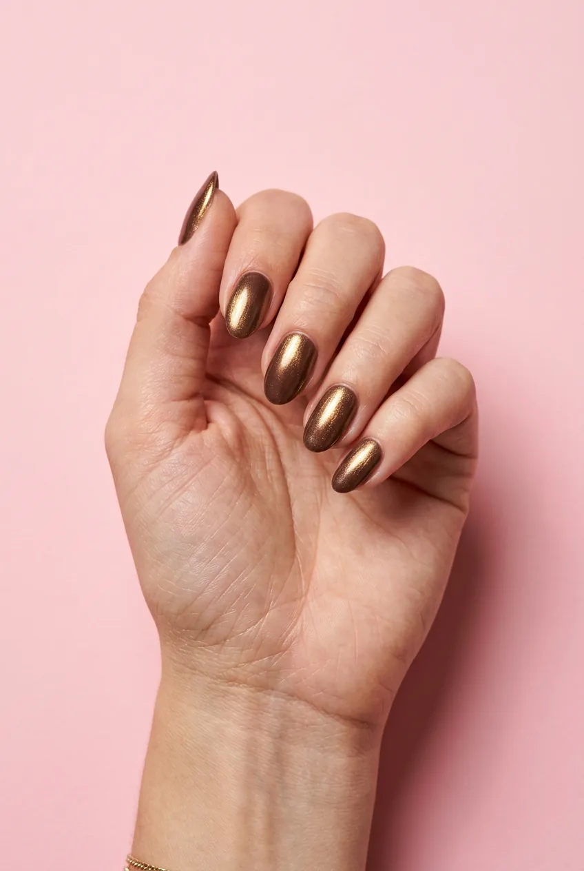 Medium oval nails in a glazed chrome mocha brown finish with golden shimmer resting on a pastel pink backdrop