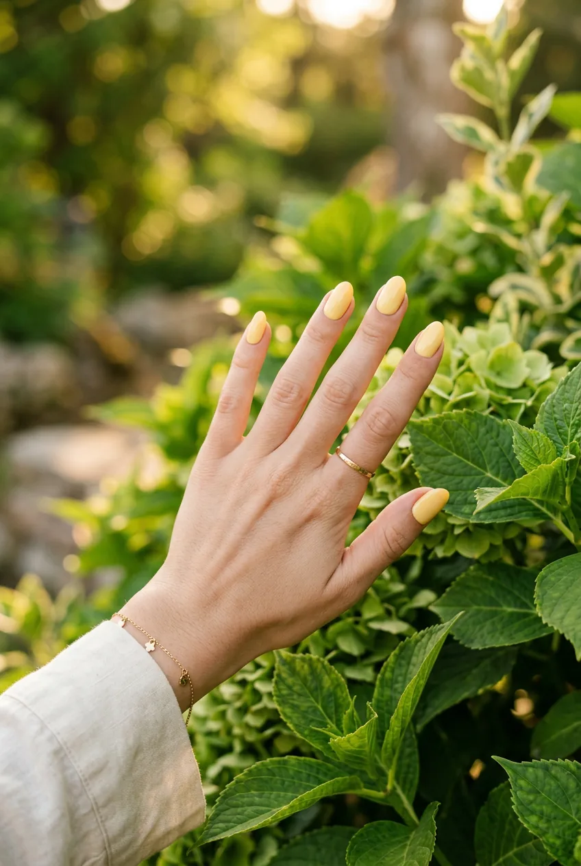 Extended manicured hand with glossy butter yellow oval nails resting on lush green leafy foliage outdoors