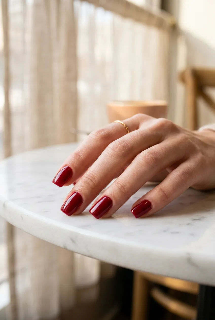 Woman's hand with glossy square crimson nails resting on a white marble café table in afternoon light