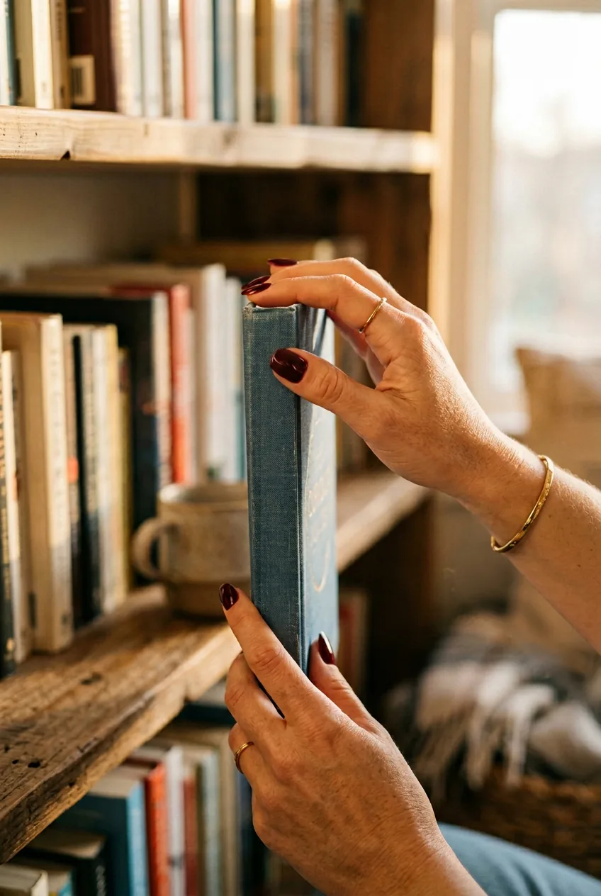 Woman's hands with glossy gel manicure in deep burgundy color reaching for book