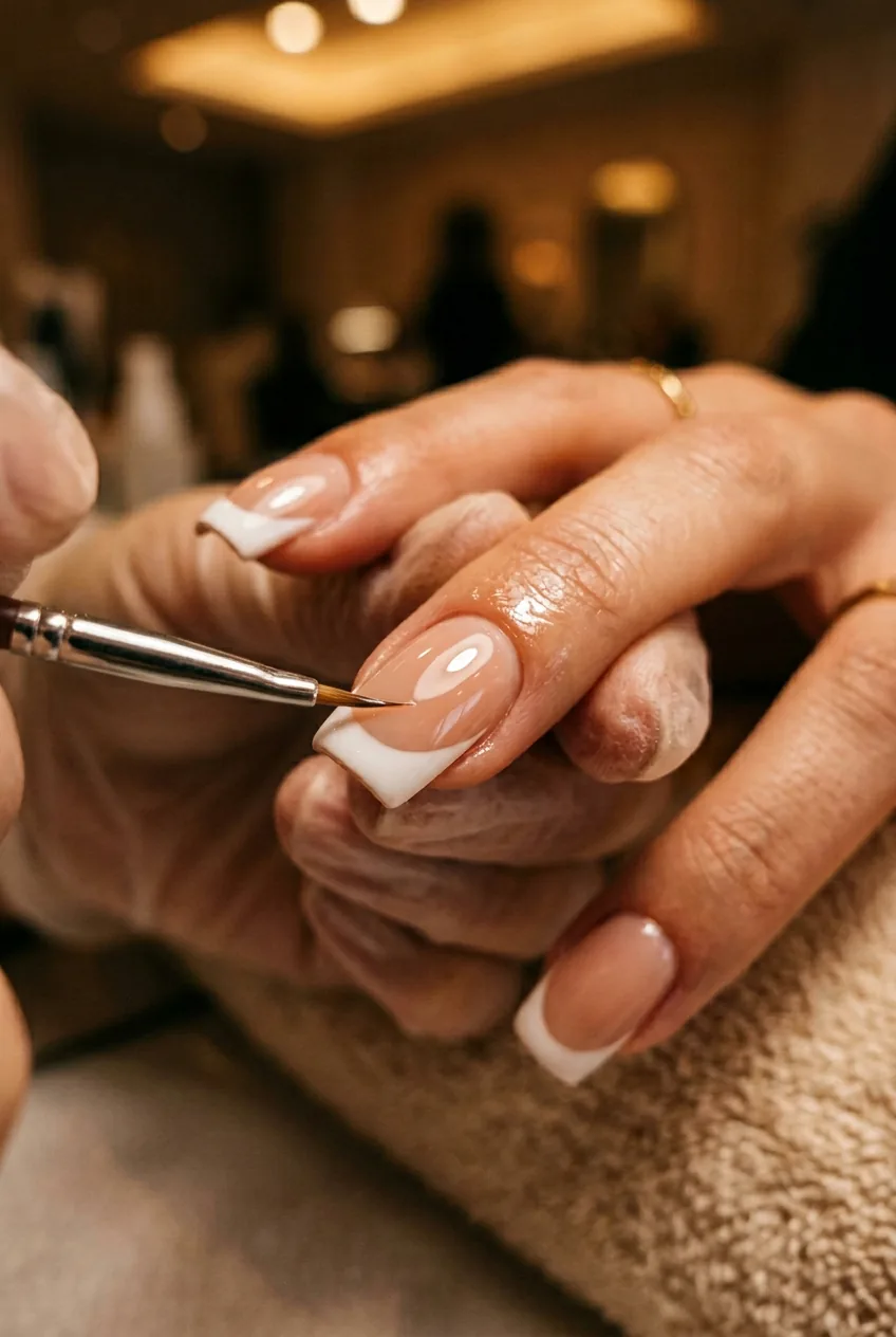 Close-up of glossy top coat being brushed across a finished french tip nail showing wet shine and reflection