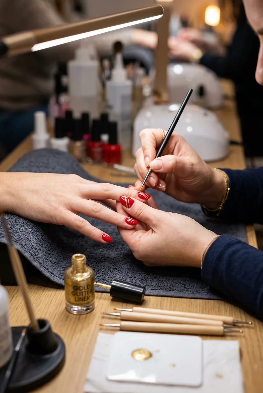 Gold accent details being added to red Christmas nails using thin nail art brush