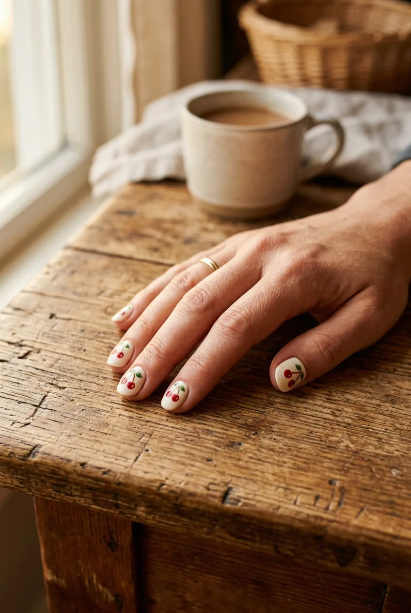 Short rounded cream nails with folk-art hand-illustrated cherries resting on a worn wooden table in warm morning light