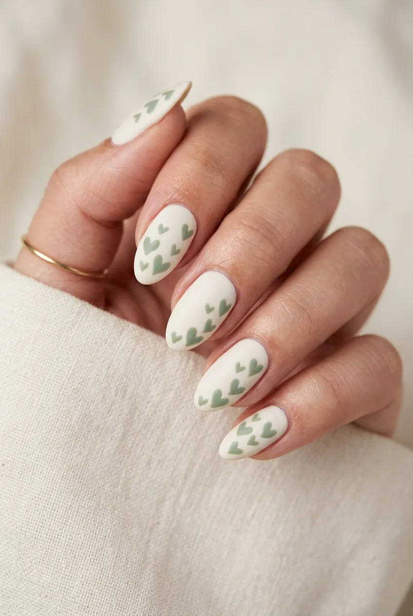 Woman's hand with hand-painted sage green heart cluster design on cream base showing irregular artistic edges