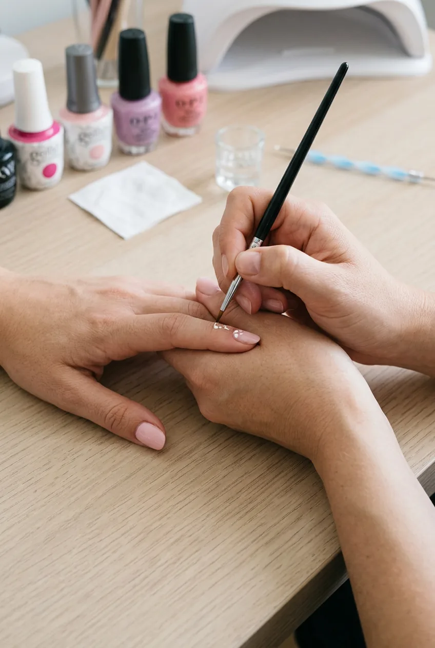 Hands demonstrating proper stabilization technique for nail art painting with brush in steady grip