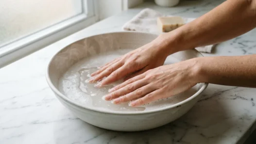 Woman resting both hands in a shallow bowl of warm soapy water on a marble countertop, steam rising, soft morning light