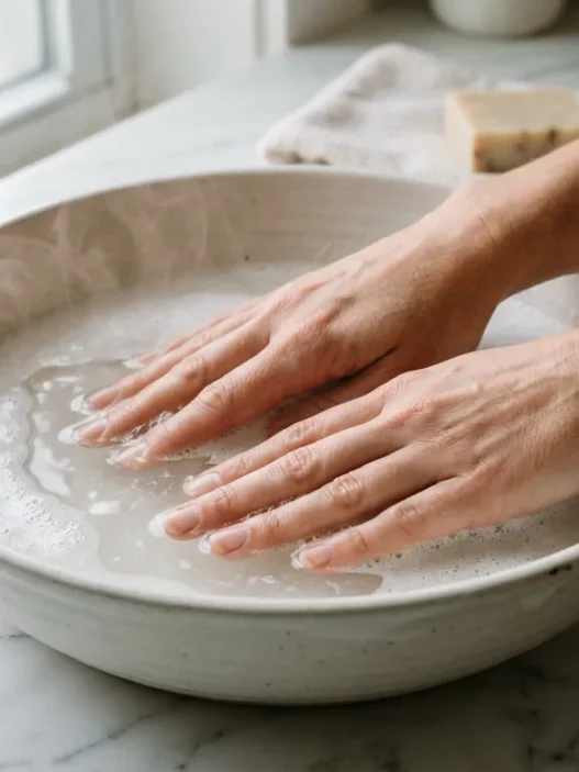 Woman resting both hands in a shallow bowl of warm soapy water on a marble countertop, steam rising, soft morning light