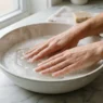 Woman resting both hands in a shallow bowl of warm soapy water on a marble countertop, steam rising, soft morning light