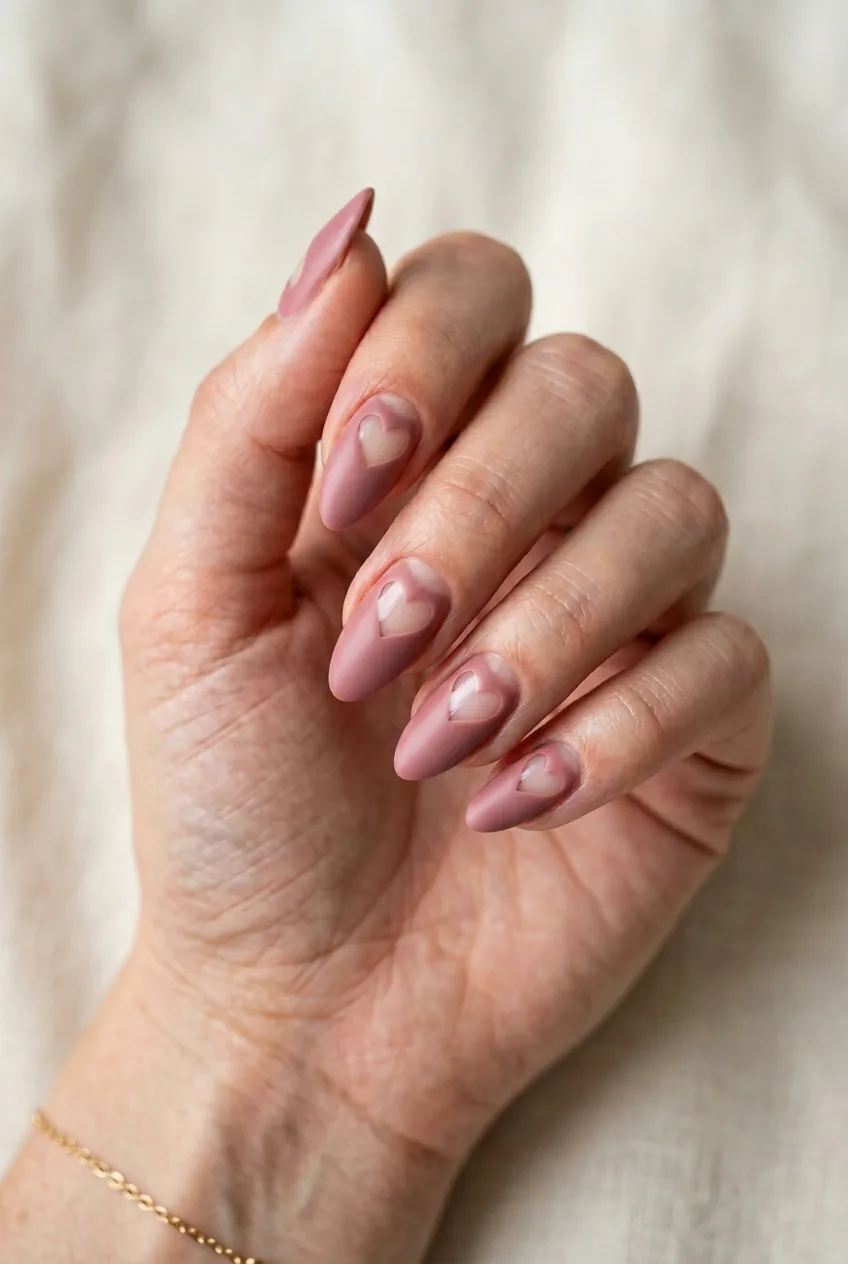 Woman's hand with heart-shaped cutout design revealing natural nail bed underneath dusty rose polish