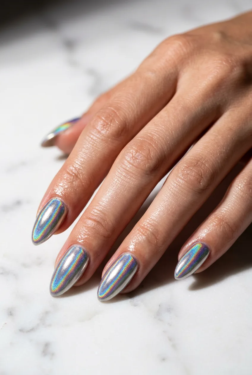 Holographic chrome nails reflecting rainbow colors on white marble surface in dramatic lighting