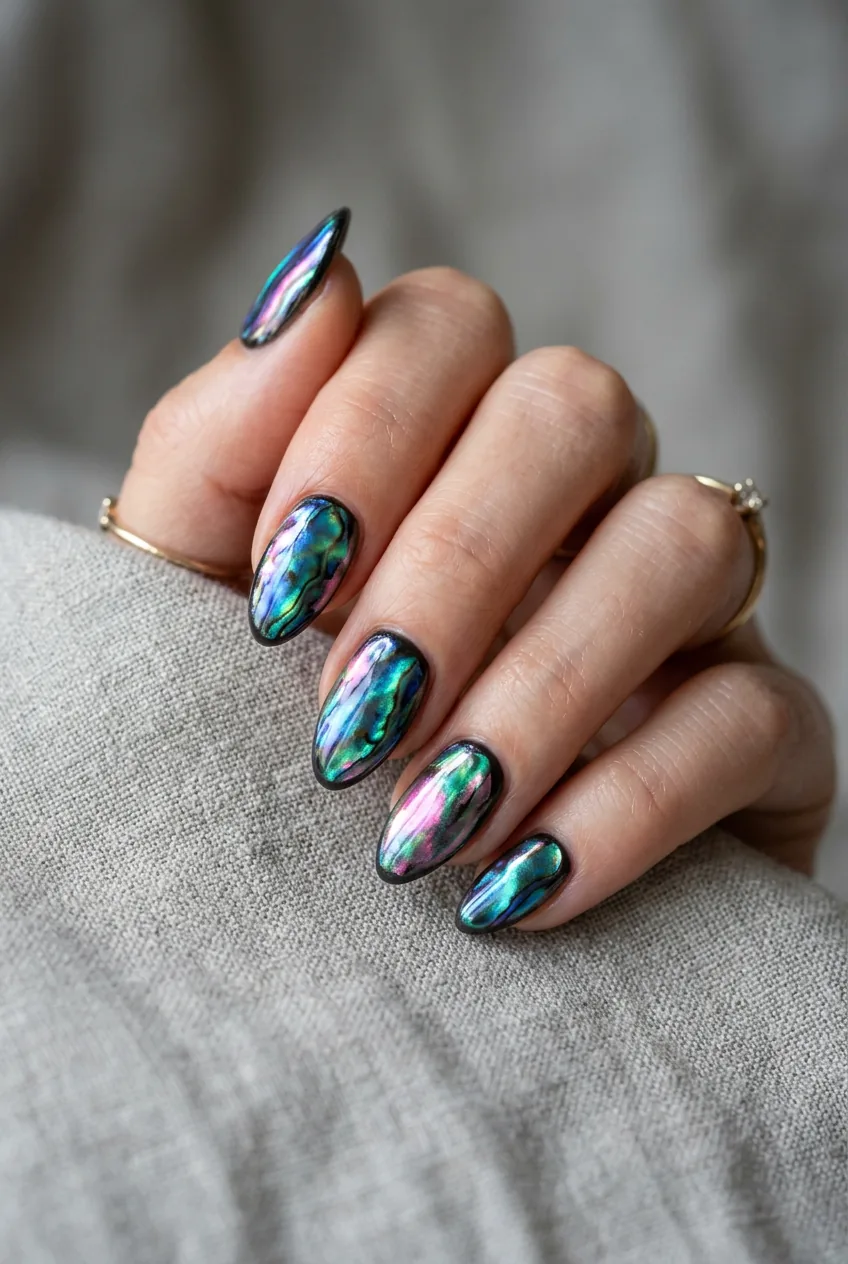 Woman's hand with nails showing iridescent shell effect displaying blue green pink color shifts over dark base
