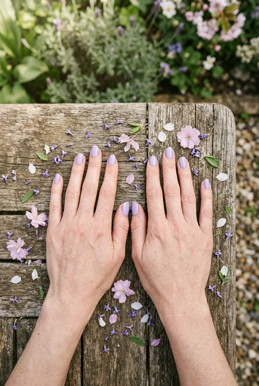 Overhead view of hands with creamy lavender nails on weathered wooden table with scattered flower petals
