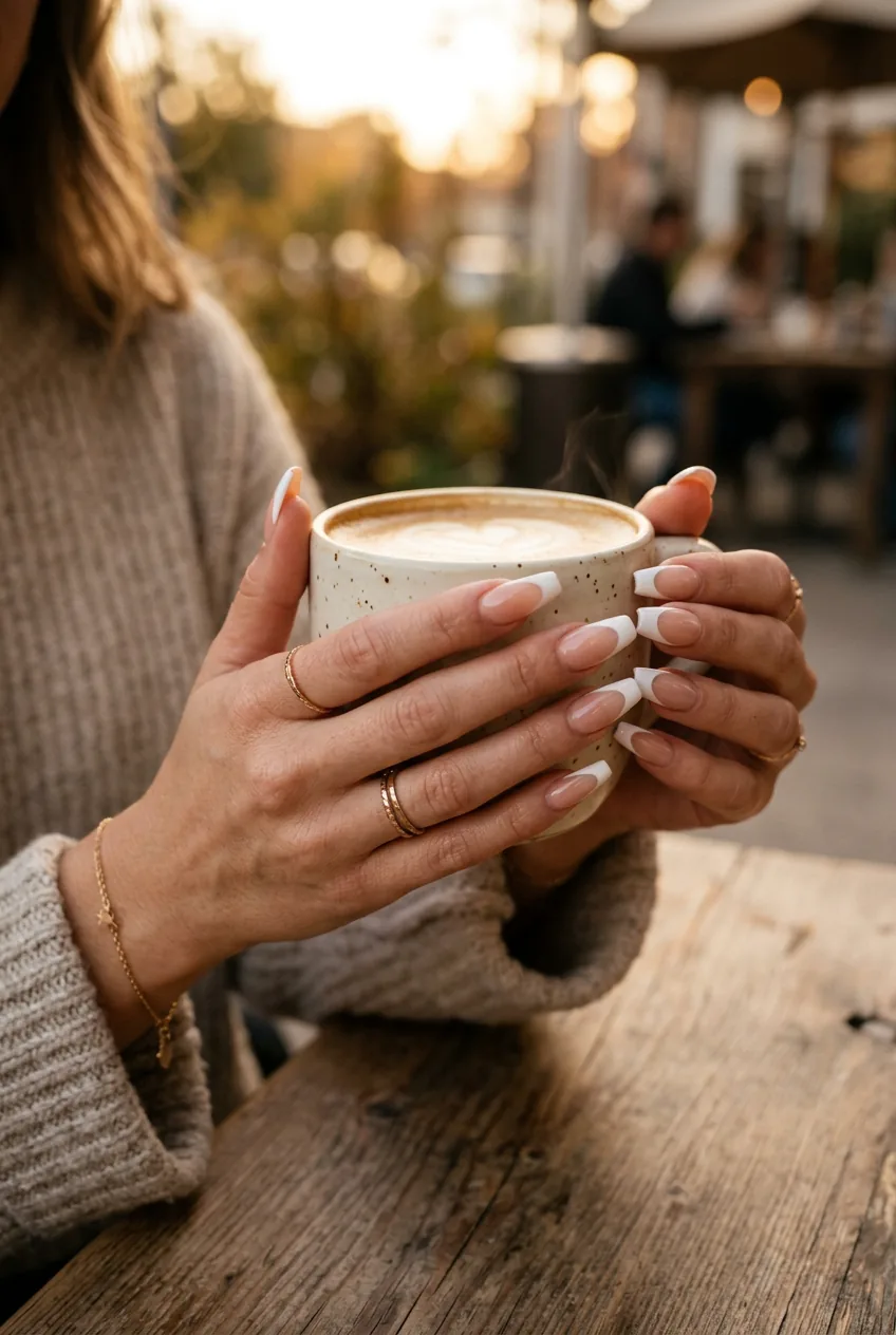 Woman's hands with long coffin-shaped acrylic nails in classic french tips holding coffee cup
