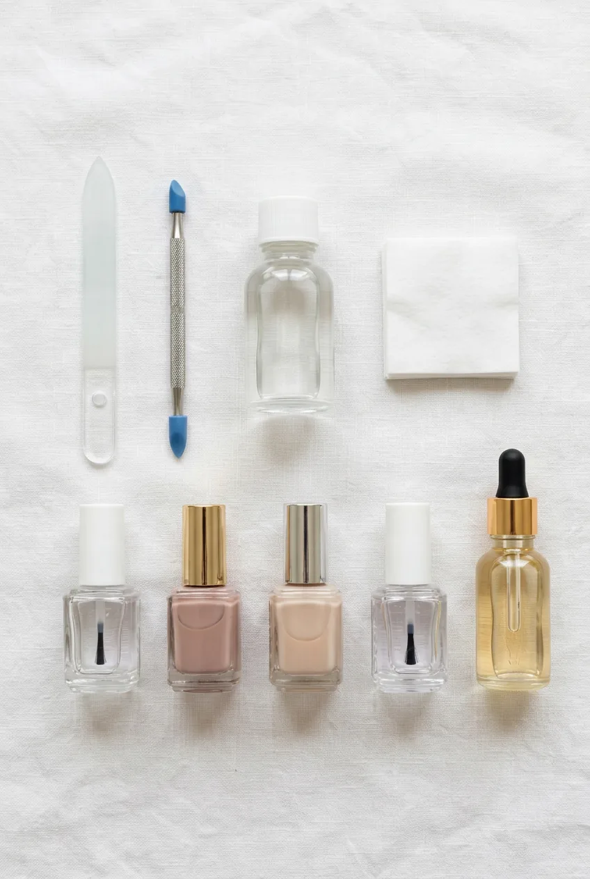 Flat lay of manicure tools including glass file, acetone, base coat, nude polishes and cuticle oil on white linen