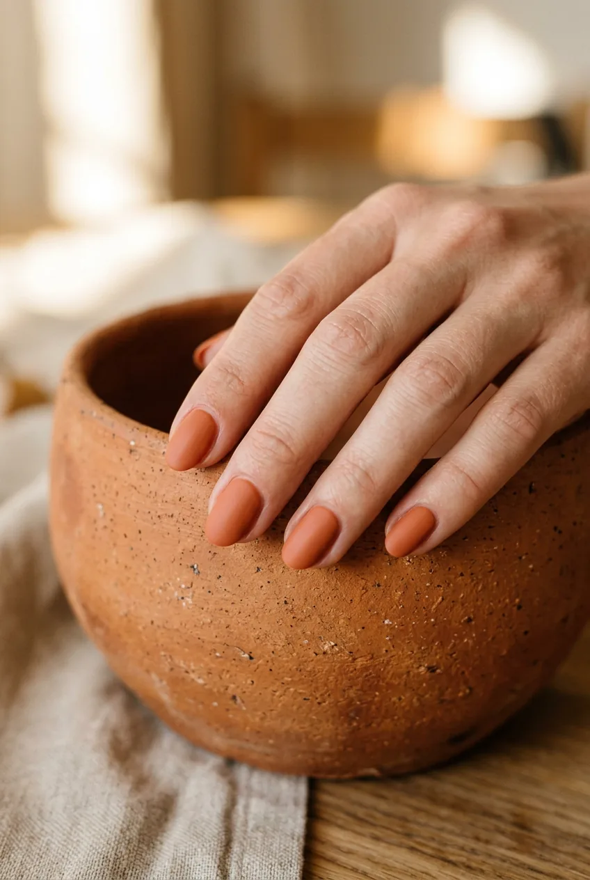 Woman's hand resting on an unglazed pottery bowl with solid matte terracotta nails matching the warm clay surface tones
