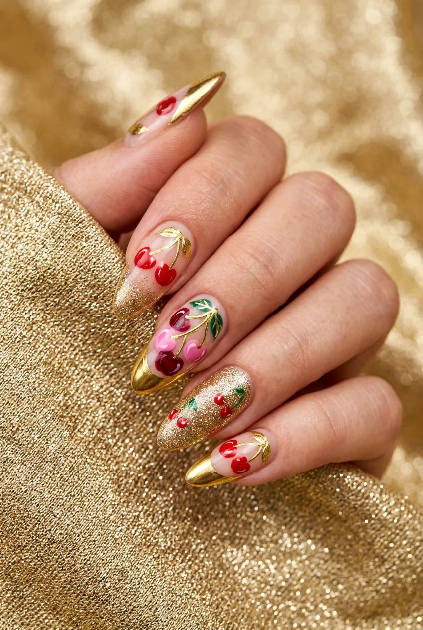 Maximalist long nails combining painted cherries, chrome powder tips and micro-glitter against a shimmery gold fabric background