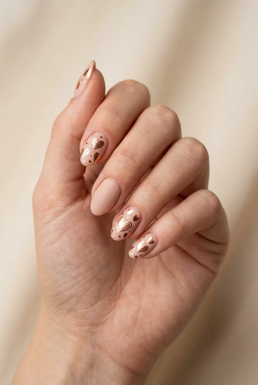 Woman's hand displaying metallic copper rose gold heart foil design catching light with textural variations