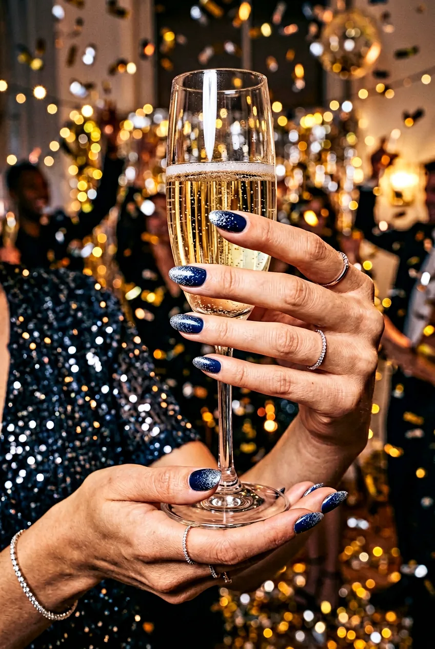 New Year's celebration hands with midnight blue glitter gradient nails holding champagne flute
