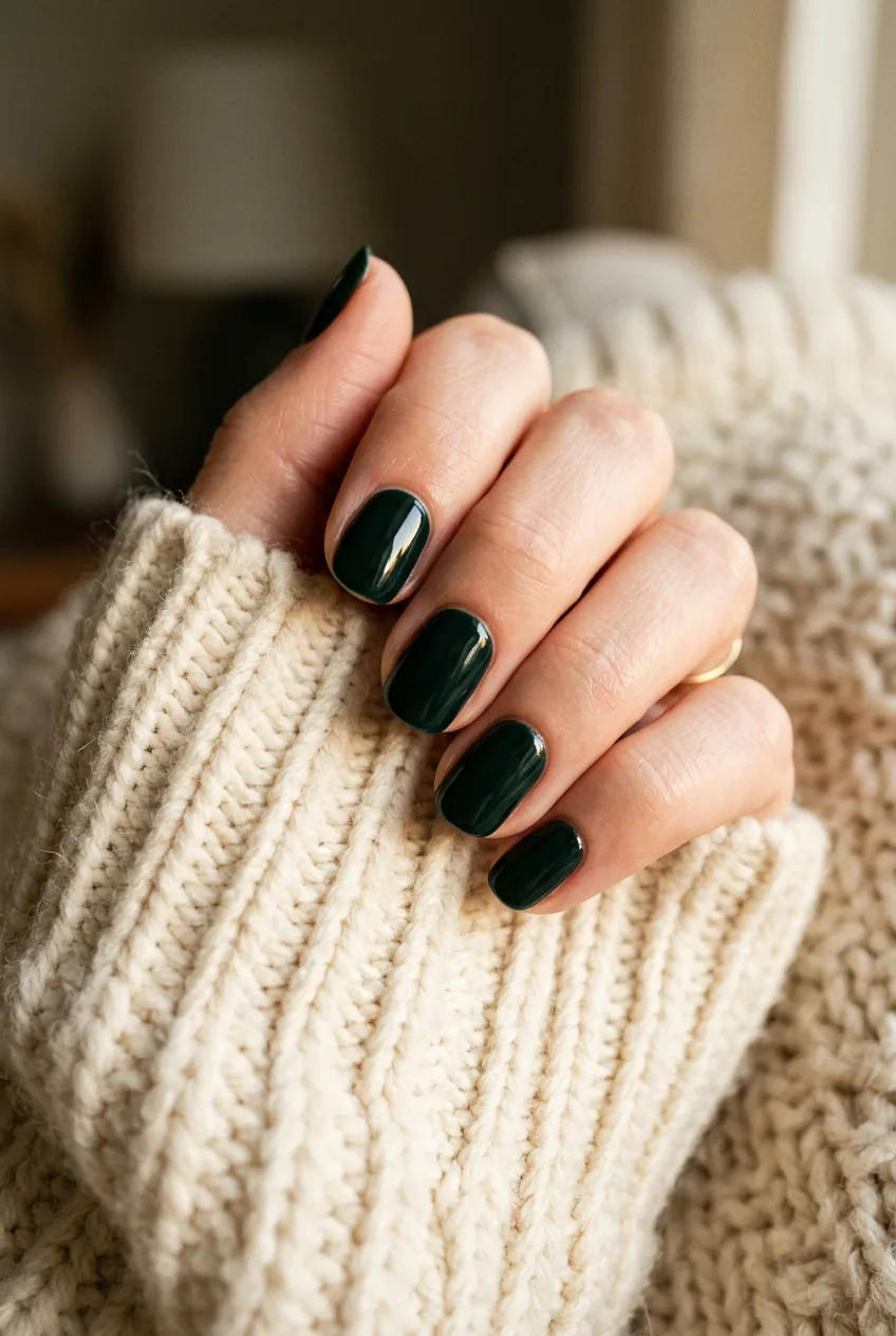Close-up of hand with nearly black midnight forest green glossy nails revealing deep green depth in warm autumn light on cream wool