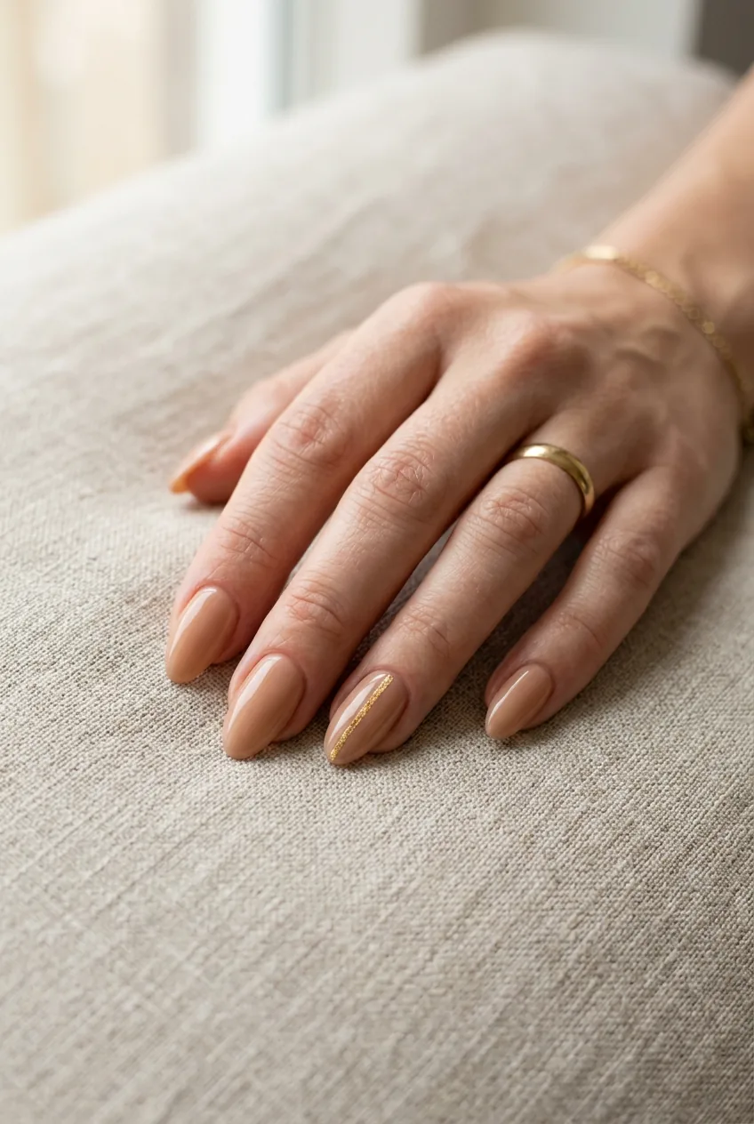 Woman's medium almond nails in milky caramel gel with a single thin diagonal gold foil stripe on an accent nail