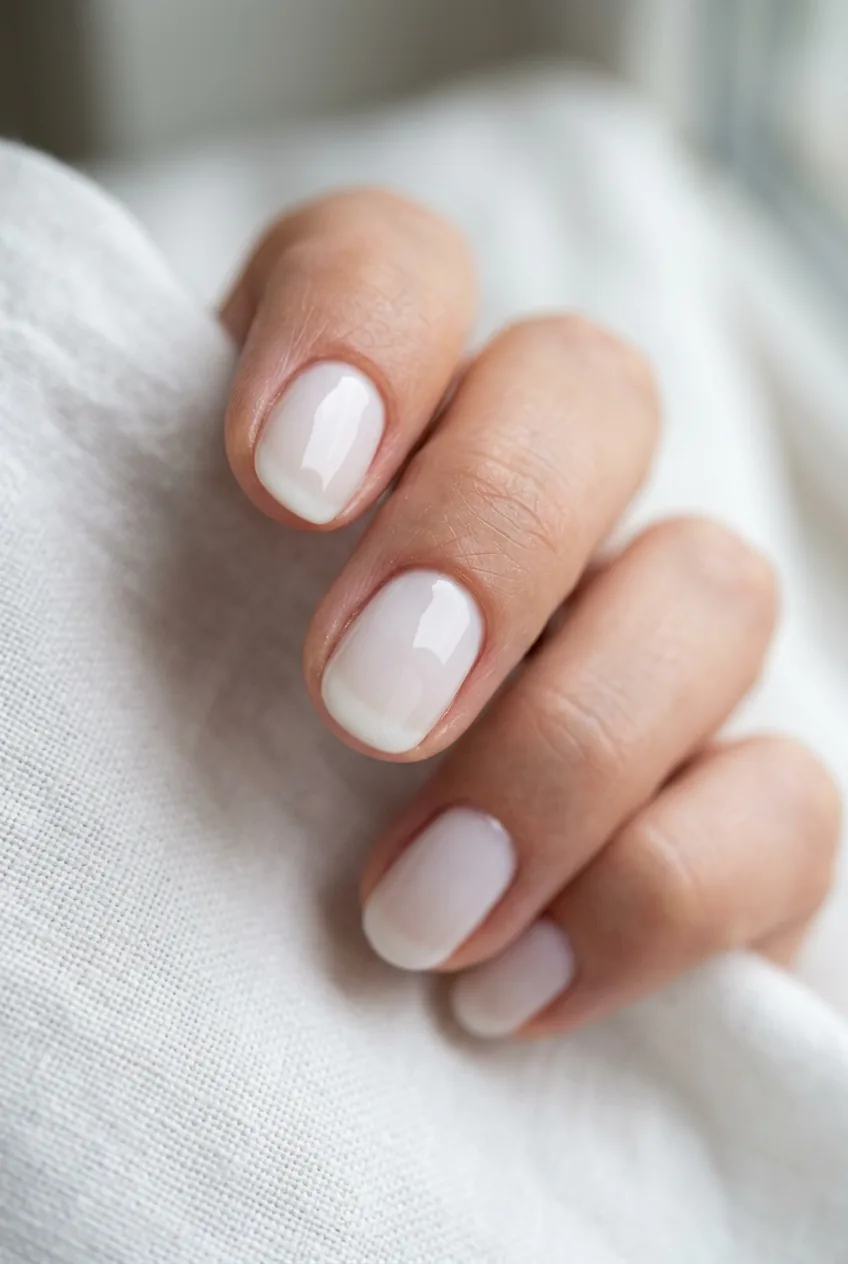 Finished milky nail with high-gloss top coat reflecting soft diffused window light in a glassy flat sheen