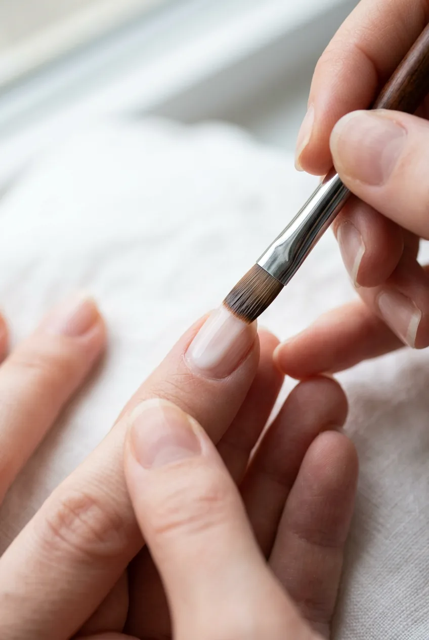 Wide flat brush applying sheer milky white polish in a single controlled stroke down the nail center