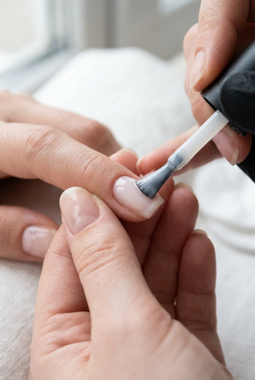 Polish brush laying a clean ribbon of sheer milky-white polish down the centre of a nail in a single stroke