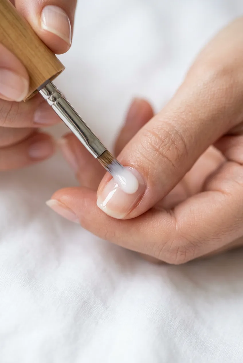 Loaded nail brush hovering above nail as a ribbon of milky polish self-levels across the plate surface