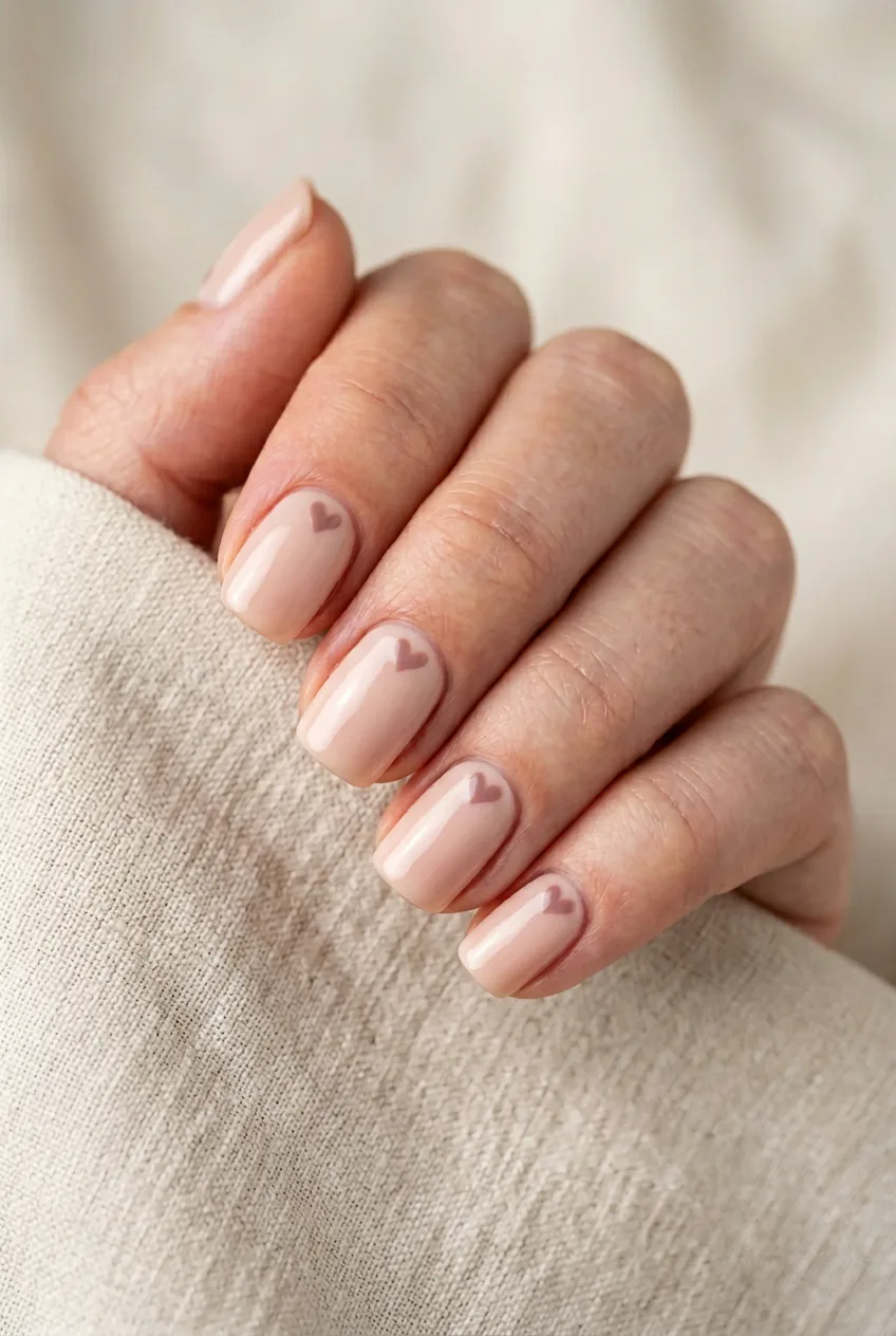 Woman's hand with minimalist heart design placed at cuticle line creating interesting negative space below
