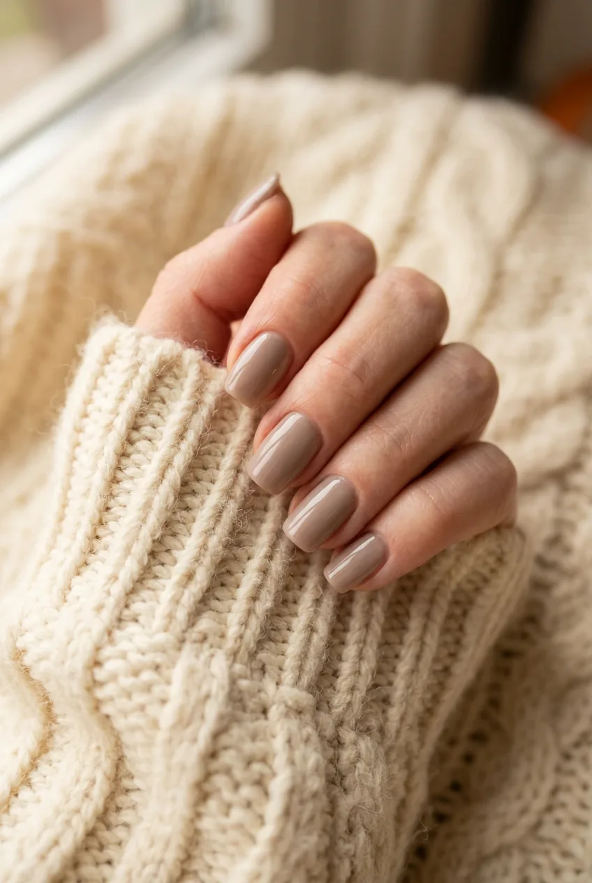Close-up of hand with mushroom taupe milky nails resting against cream chunky knit fabric in cosy autumn light