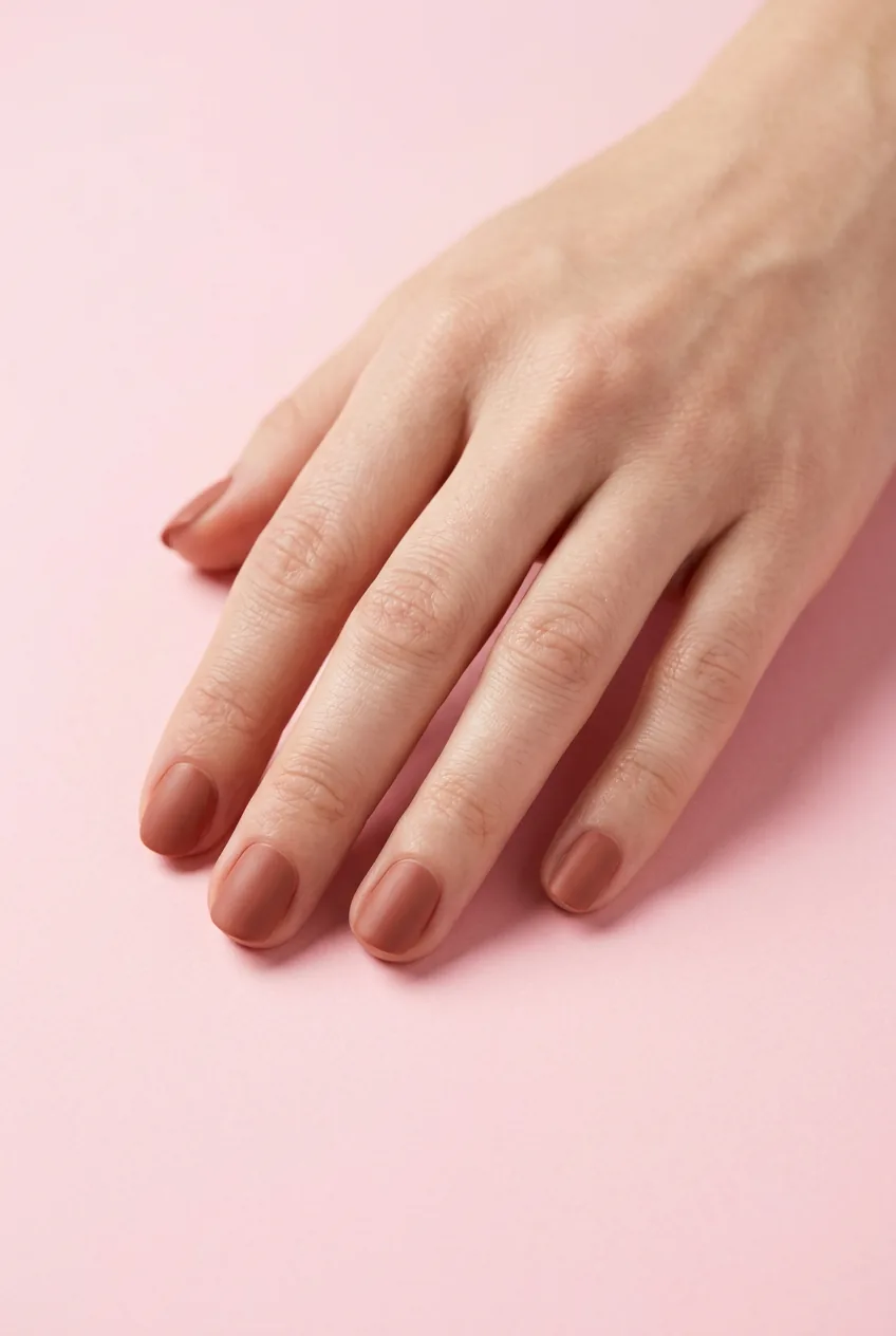 Short rounded nails in muted dusty terracotta clay opaque polish on a soft pastel pink paper backdrop