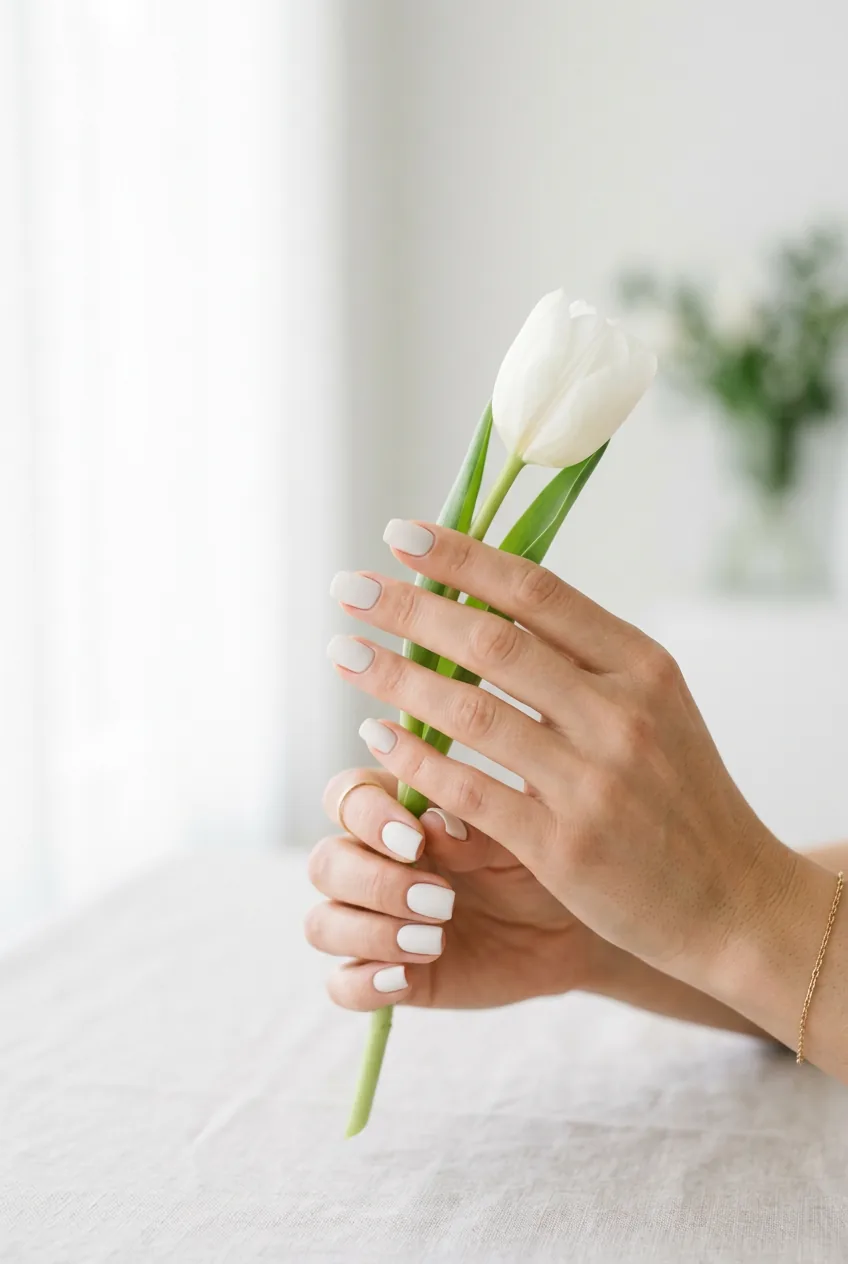 Side profile of hands with short square white nails holding single white tulip in bright clean lighting
