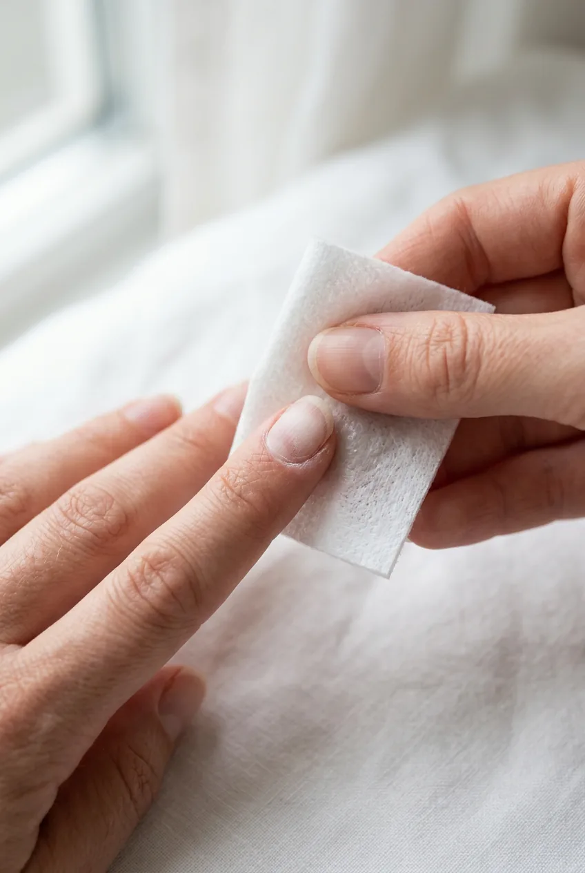 Lint-free wipe pressing nail dehydrator onto a bare nail plate causing a chalky white evaporation effect