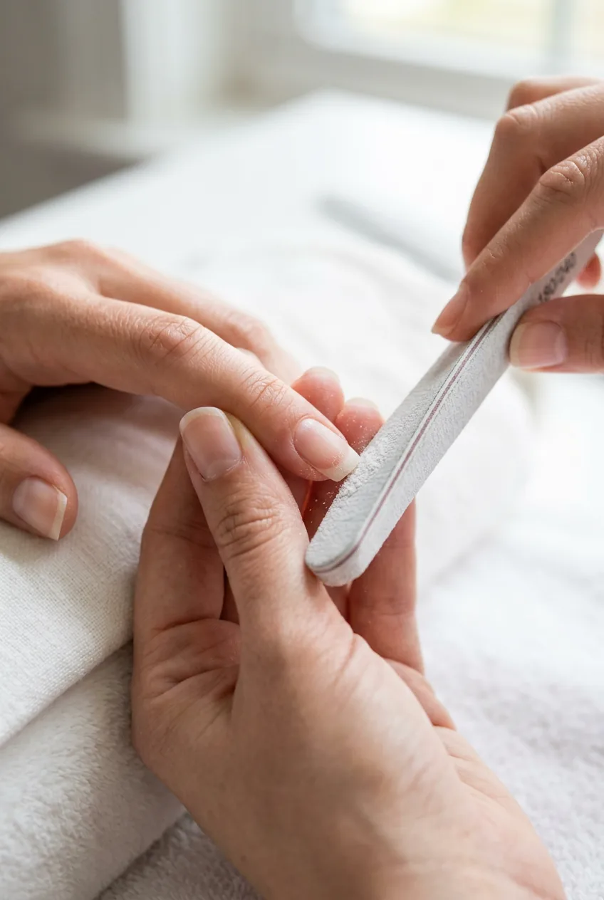 Nail file held at precise angle shaping the free edge of a natural nail in one direction on white surface